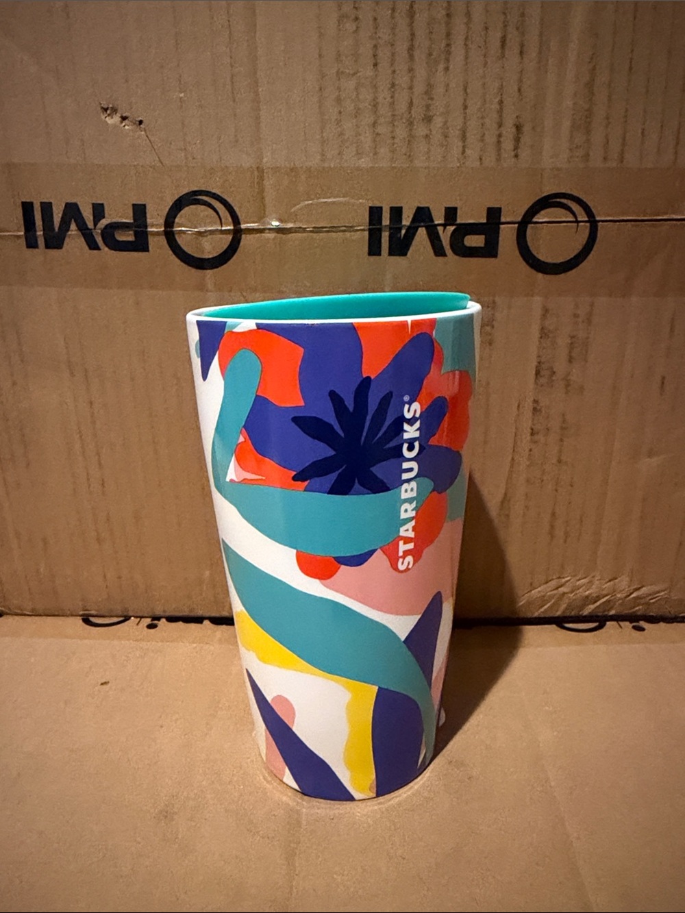Starbucks Multicolor Floral Abstract Vase with Turquoise Interior